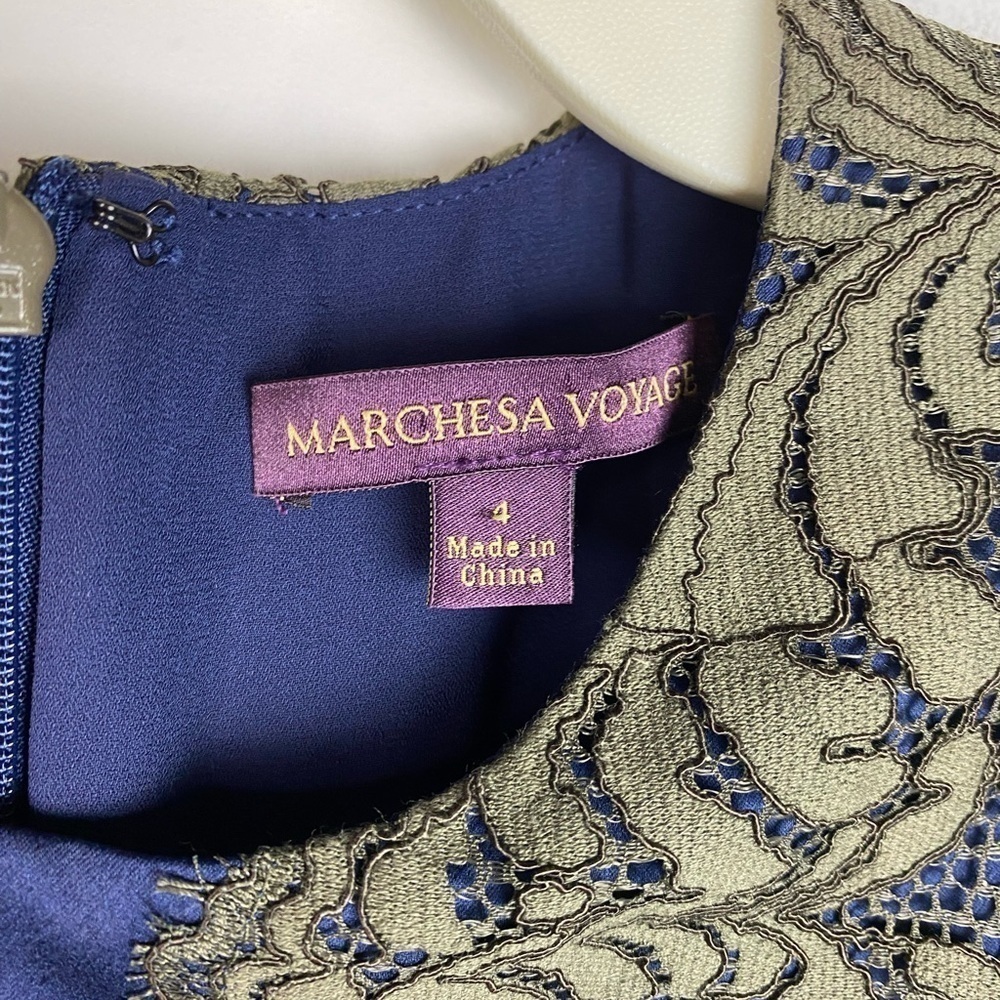 Marchesa Voyage Dress Size 4 Green Lace Blue Pleat Midi - Picture 6 of 9